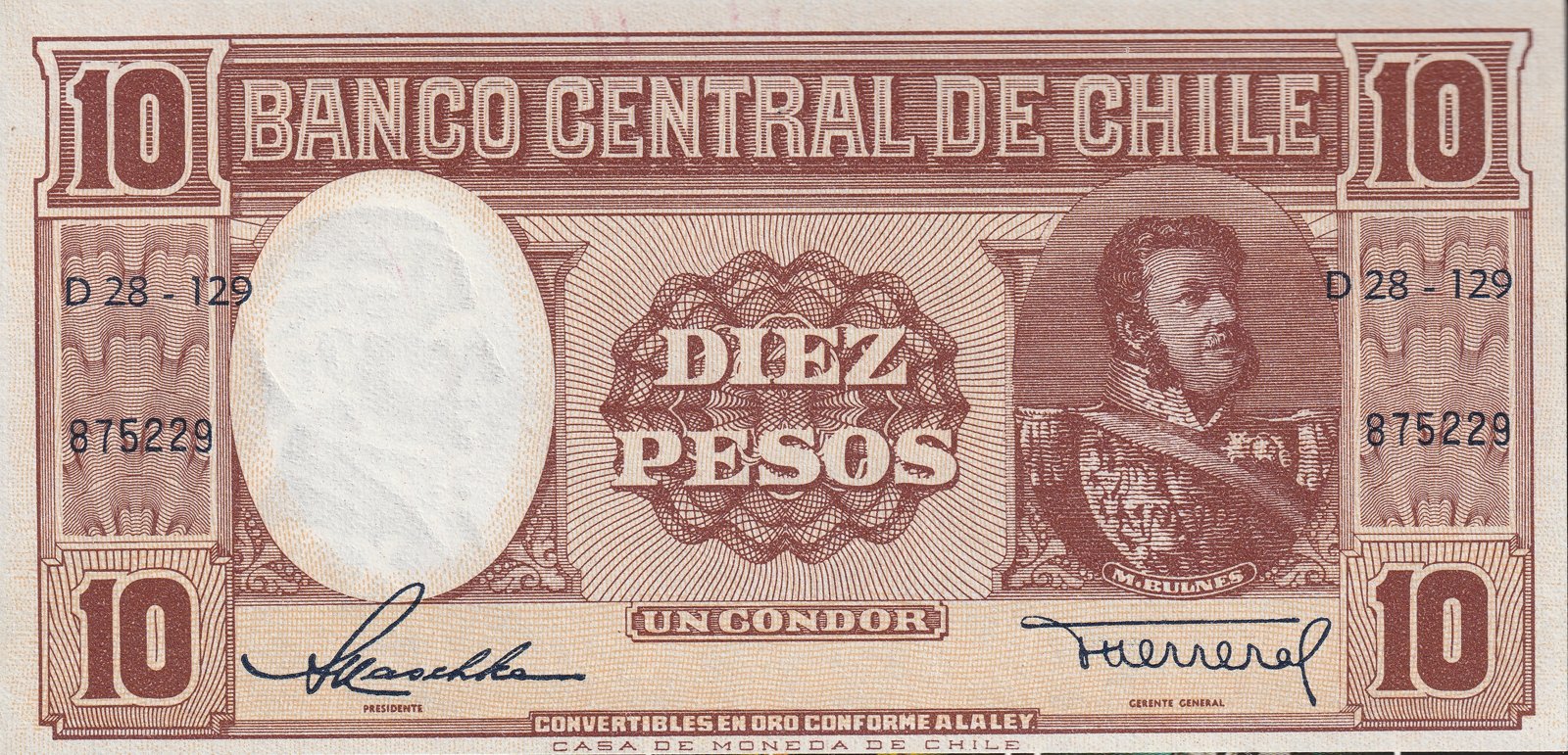 Obverse of 10 Pesos = 1 Condor (1958–1959), Pick 120