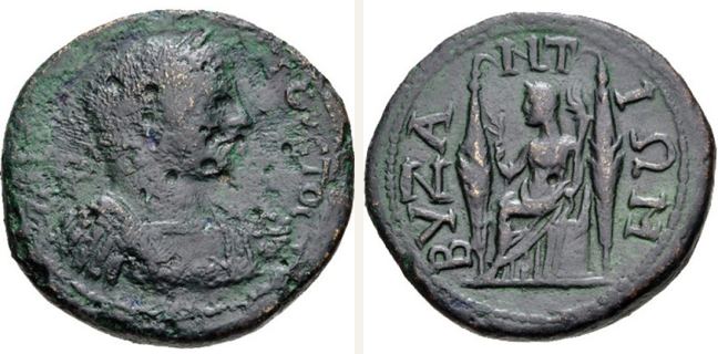 Byzantion, Caracalla, 7 unit — Demeter enthroned left between two objects (fish traps (CN type 21870)