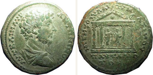 Pautalia, Marc Aurel, bronze coin — Façade of a tetrastyle temple on double crepidoma (CN type 13494)