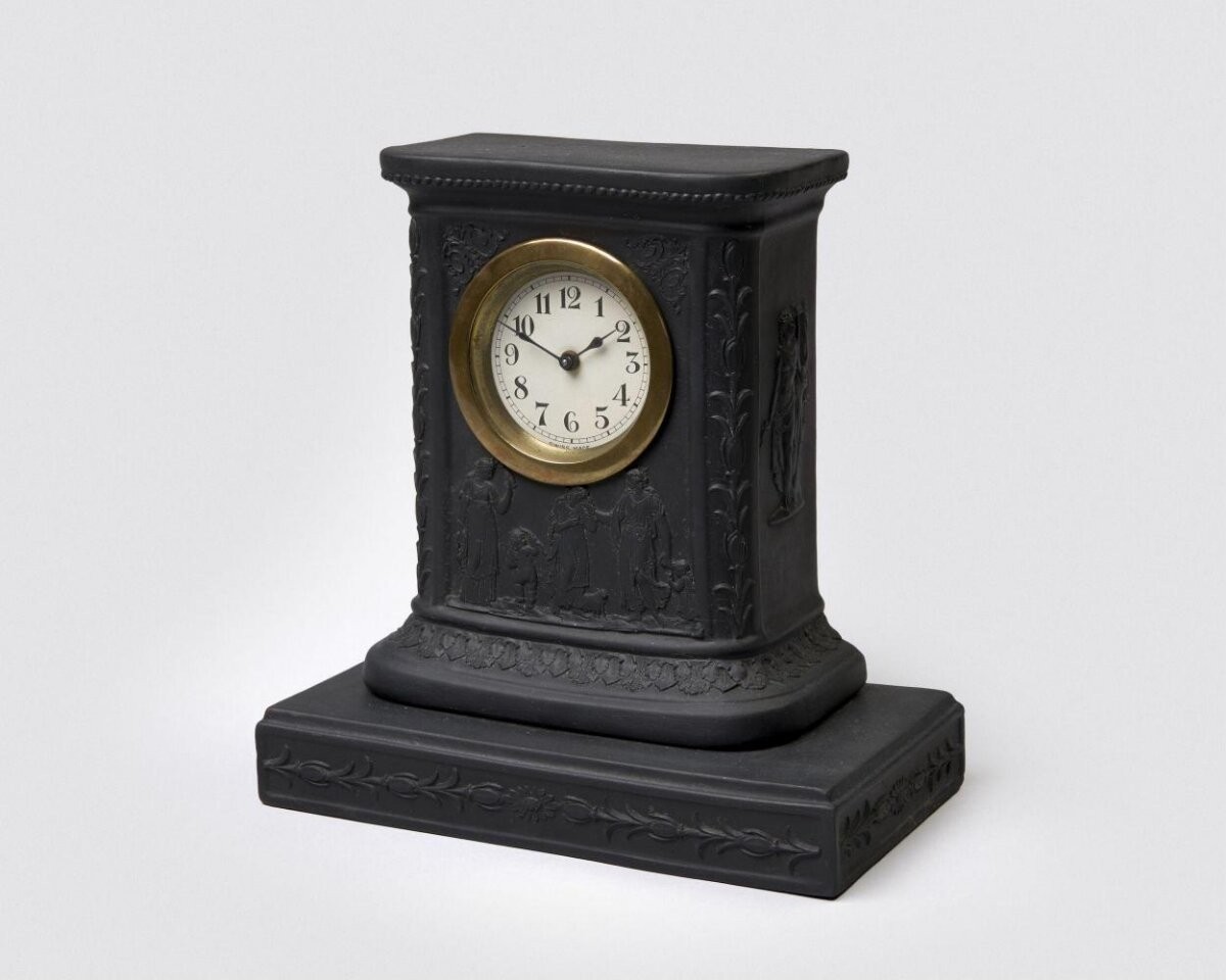 Clock, black basalt, brass, Josiah Wedgwood and Sons, Etruria, ca. 1900
