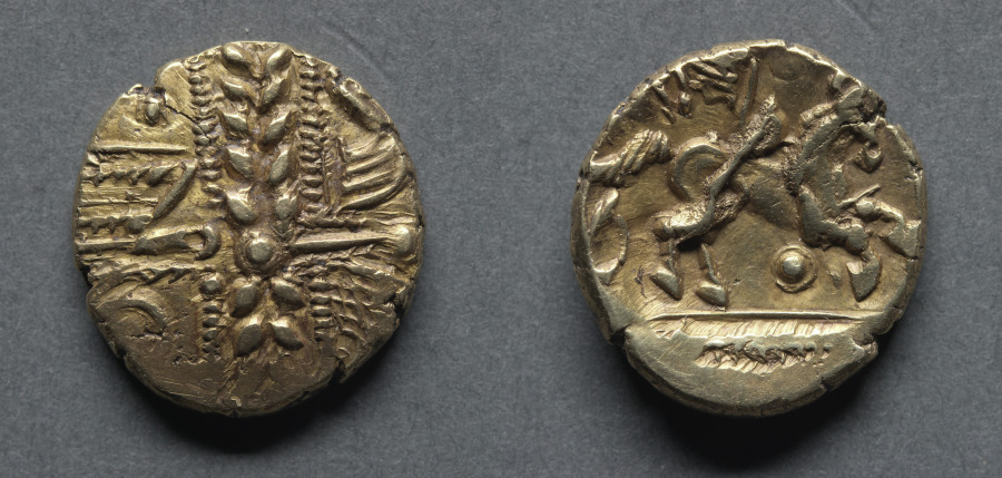 Stater: Wreath, Cloak, and Crescents (obverse); Horse and Wing Motif (reverse), c. 60–20 BCE (Cleveland Museum of Art 1969.149)