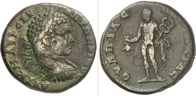 Pautalia, Caracalla, 4 unit — Nude Hermes standing facing (CN type 21693)