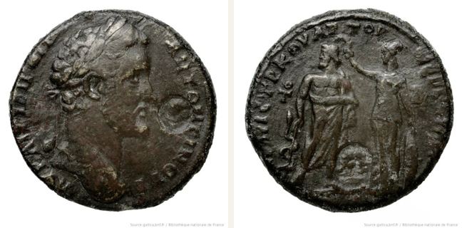 Pergamon, Antoninus Pius, bronze coin — Asclepius and Athena (CN type 12070)