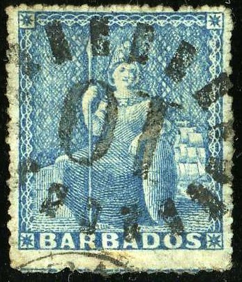 Photograph of a stamp from this issue (Wikimedia Commons file “1861 Barbados 10 Yv9 Mi7A.jpg”). The paper, perforation or watermark variety shown cannot be confirmed from the photograph.