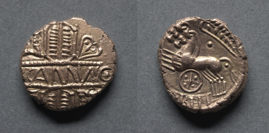 Cunobeline Stater: Tablet on Wreath (reverse); Two Horses and Wheel (reverse), c. 10–40 CE (Cleveland Museum of Art 1969.152)