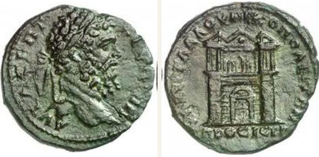 Nikopolis ad Istrum, Septimius Severus, bronze coin — City gate through the doorway a small tetrastyle temple can be (CN type 21503)
