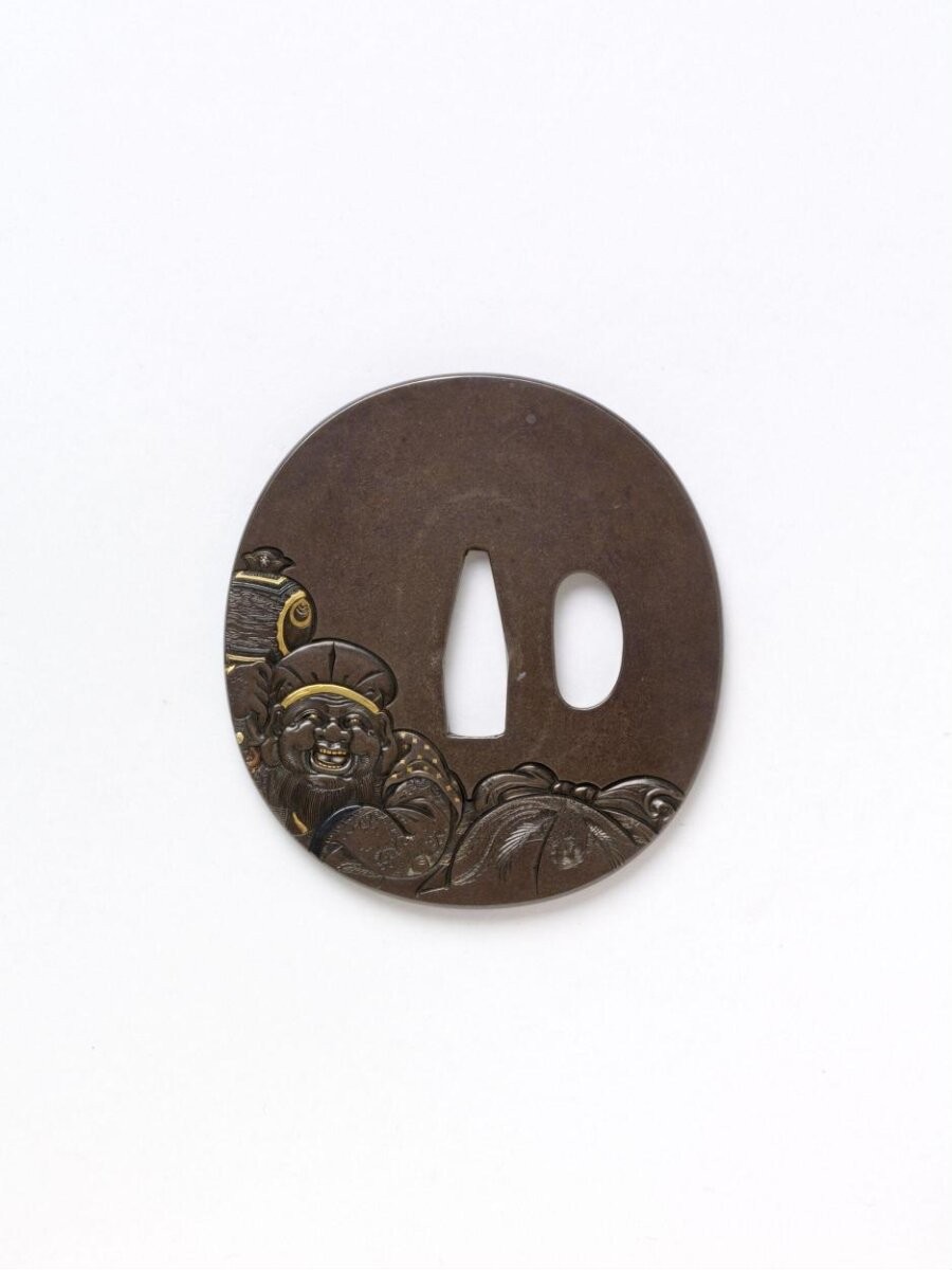 Sword guard (tsuba) depicting Bishamonten, guardian warrior and god of wealth, and Benzaiten, goddess of knowledge and music
