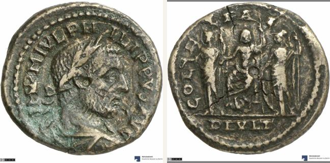 Deultum, Philippus Arabs, 4 unit — The Capitoline Trias: In the middle Zeus (CN type 1187)
