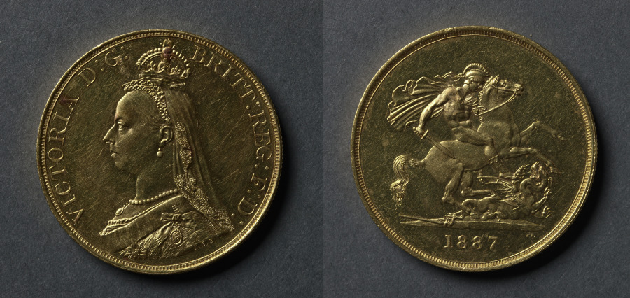Five Pound Piece: Victoria (obverse); St. George and the Dragon (reverse), 1887 (Cleveland Museum of Art 1969.219)
