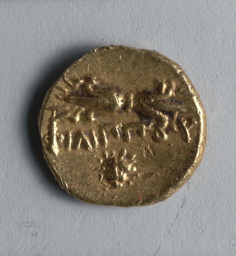 Stater: Thunderbolt, Lion Head Facing Below (reverse), c. 345–336 BCE (Cleveland Museum of Art 1942.163.b)