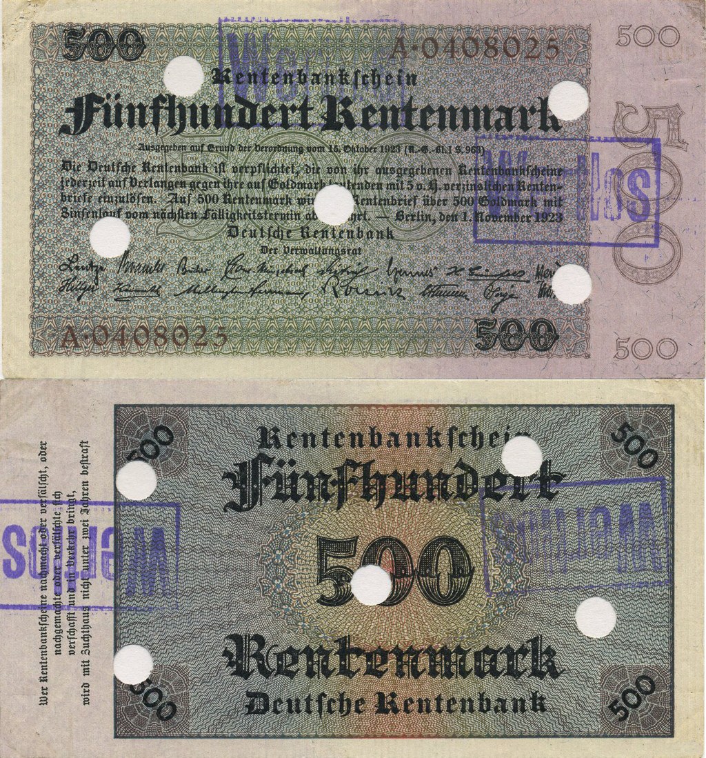 500 Rentenmark from 1923-11-1 are equivalent to 500 trillions Mark ("papiermark") from inflation time