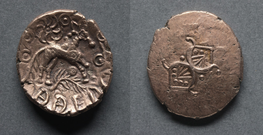 Addedomaros Stater: Crescents (obverse); Horse, Branch, and Spiral Sun (reverse), 50 BCE–10 CE (Cleveland Museum of Art 1969.147)