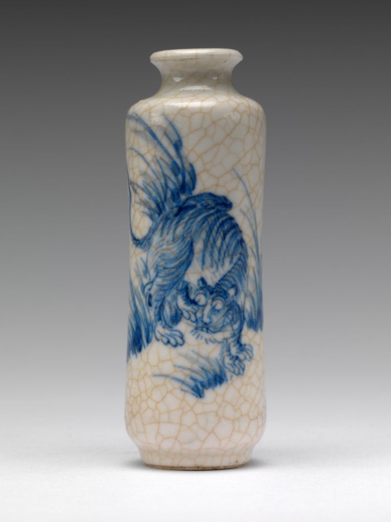 Snuff bottle painted with tiger in long grass, Unknown