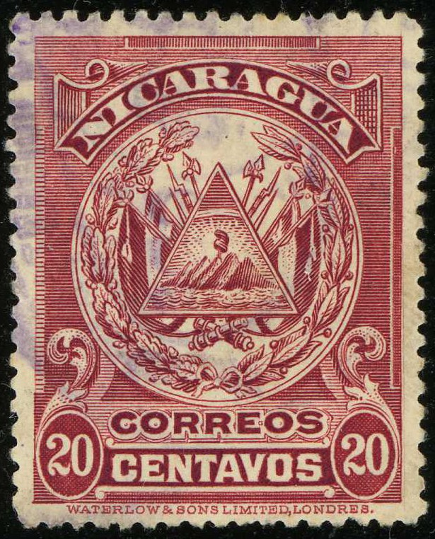 Photograph of a stamp from this issue (Wikimedia Commons file “1907ca 20c Nicaragua Used Yv225 Mi200.jpg”). The paper, perforation or watermark variety shown cannot be confirmed from the photograph.
