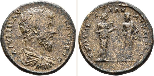 Attaea, Lucius Verus, coin coin — Hygieia and Asclepius standing facing each other (CN type 12604)