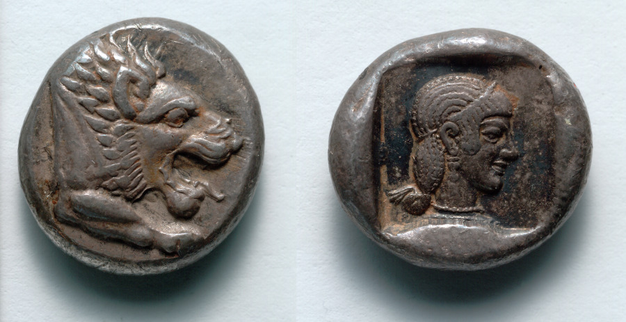 Drachm: Forepart of Lion (obverse); Head of Aphrodite (reverse), 465–449 BCE (Cleveland Museum of Art 1917.994)