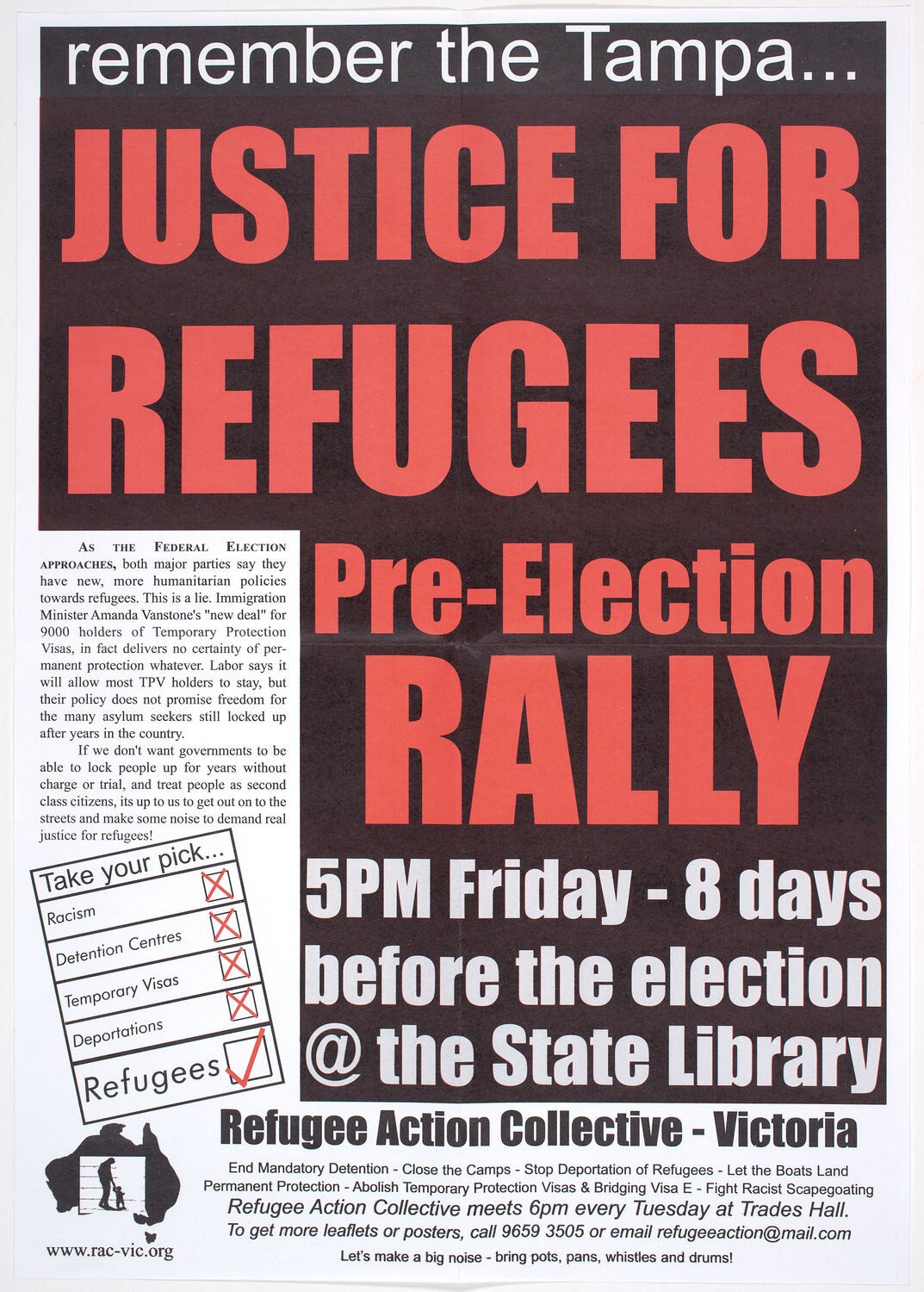 Poster - Justice for Refugees Pre-Election Rally, Refugee Action Collective, 2004