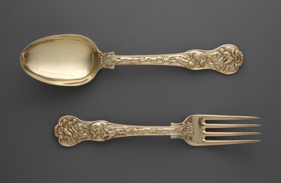 Additional museum view 2 of Dessert Fork and Spoon with Hunt Scenes (accession 2003.244).