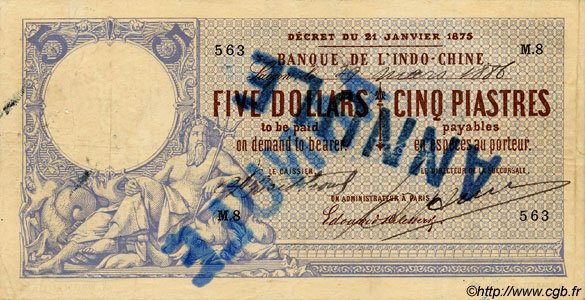 Obverse of 5 Dollars = 5 Piastres (1886–1896), Pick 21