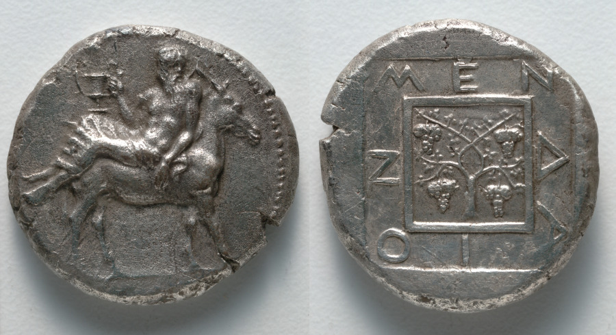 Tetradrachm: Dionysos on Donkey (obverse); Grapevine (reverse), c. 430 BCE (Cleveland Museum of Art 1929.912)