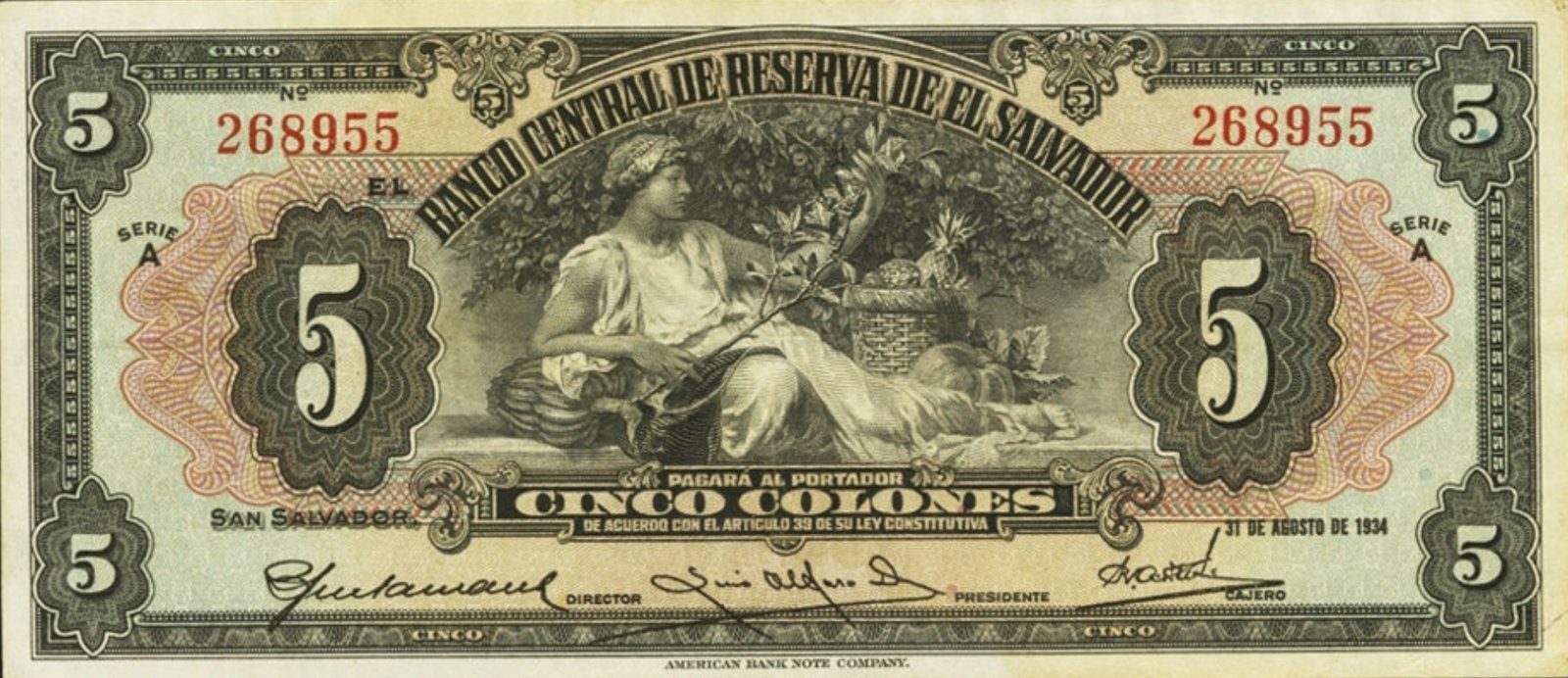 Obverse of 5 Colones (1934), Pick 77