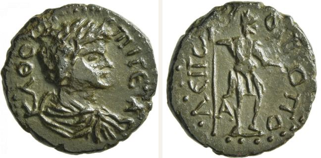 Olbia, Septimius Severus, bronze coin — Warrior standing to the right (CN type 23792)