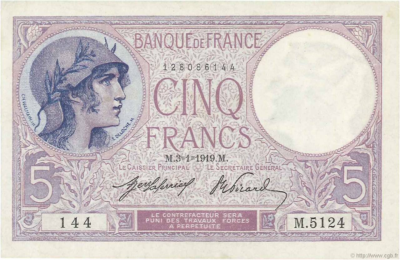 Obverse of 5 Francs (1917–1933 (1905–1933)), Pick 72