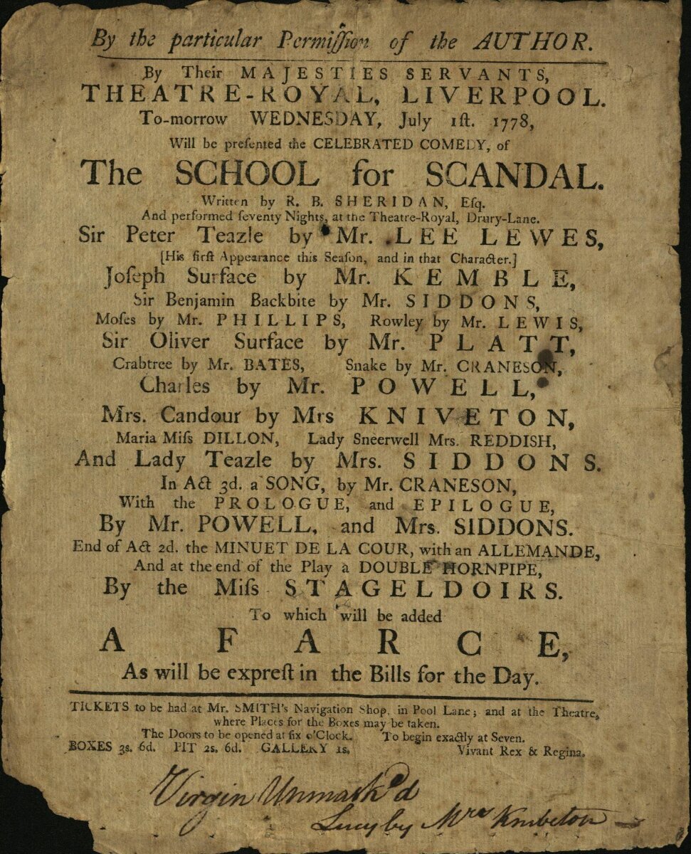 Playbill — Playbill for the Theatre Royal, Liverpool, Liverpool, 1778