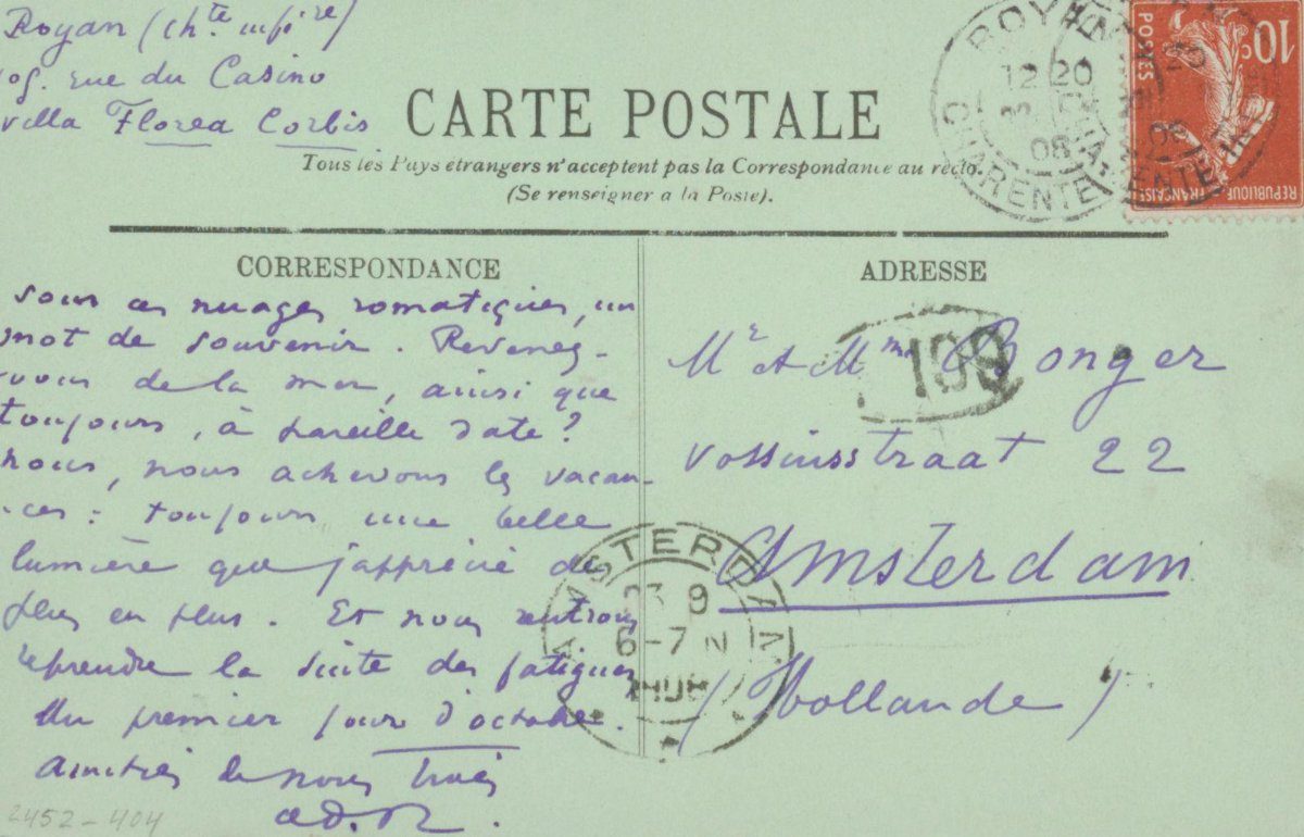 Picture postcard to Andries Bonger and Anne Marie Louise van der Linden