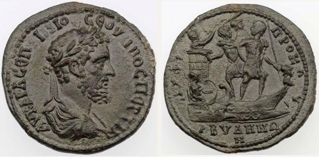 Abydos, Septimius Severus, bronze coin — Warrior standing right at prow of galley (CN type 3454)