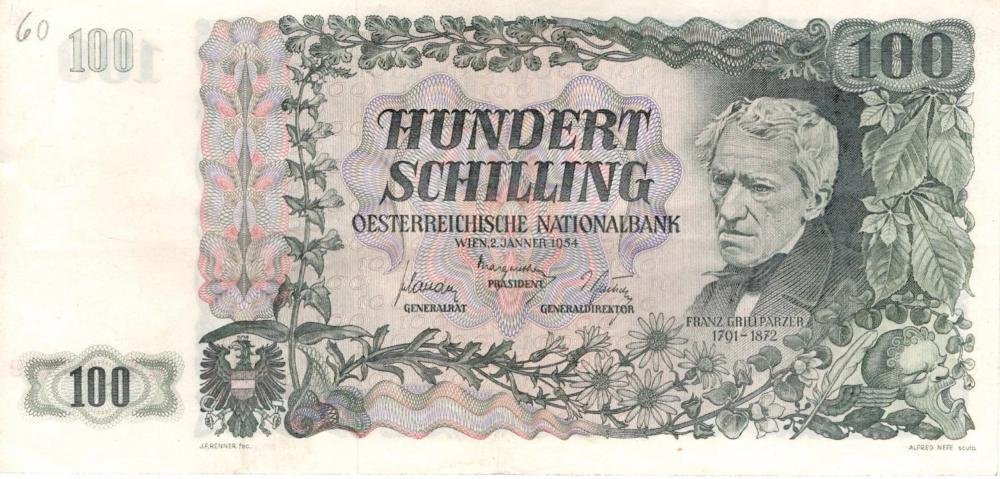Auction photograph of an example of Pick 133 (Foreign Banknotes - AUSTRIA 100 Schilling 02/01/1954 pick #133 - numero a m...)