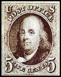 First federal postage stamp of the USA, Franklin, 5 cents, 1847