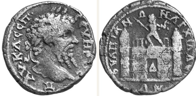 Anchialos, Septimius Severus, 4 unit — City gate (CN type 22004)