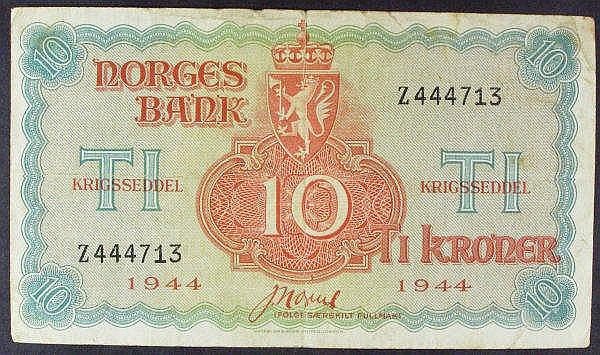 Auction photograph of an example of Pick 20b (Norway 10 Kroner Pick20b, dated 1944 series Z444713, arms at top centre, ti)