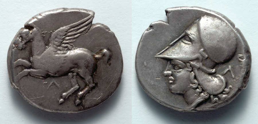 Stater: Pegasos (obverse); Head of Athena (reverse), c. 350–300 BCE (Cleveland Museum of Art 1917.978)