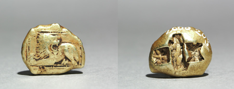 Stater: Lion (obverse); Incuse Punches (reverse), 600–550 BCE (Cleveland Museum of Art 2000.203)