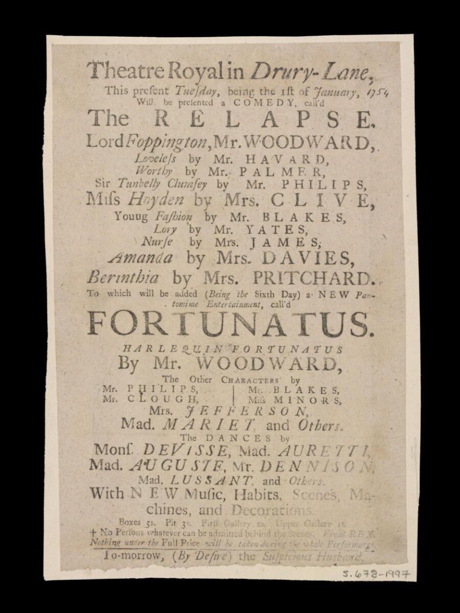 Playbill — Playbill advertising The Relapse and Harlequin Fortunatus, 1753