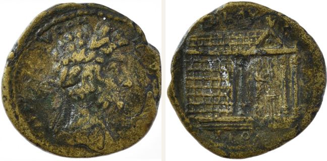 Alexandria Troas, Commodus, bronze coin — Temple with four columns in perspective enclosing statue of (CN type 18907)