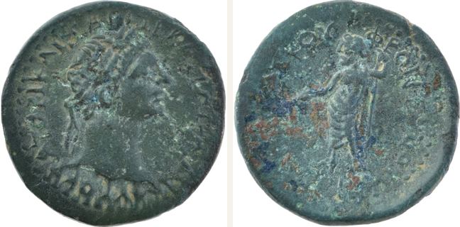 Poimanenon, Trajan, bronze coin — Dionysus standing facing (CN type 16903)