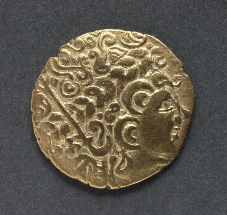 Bellovaci Stater: Degenerate Head in Imitation of Apollo (obverse), c. 125–100 BCE (Cleveland Museum of Art 1969.143.a)