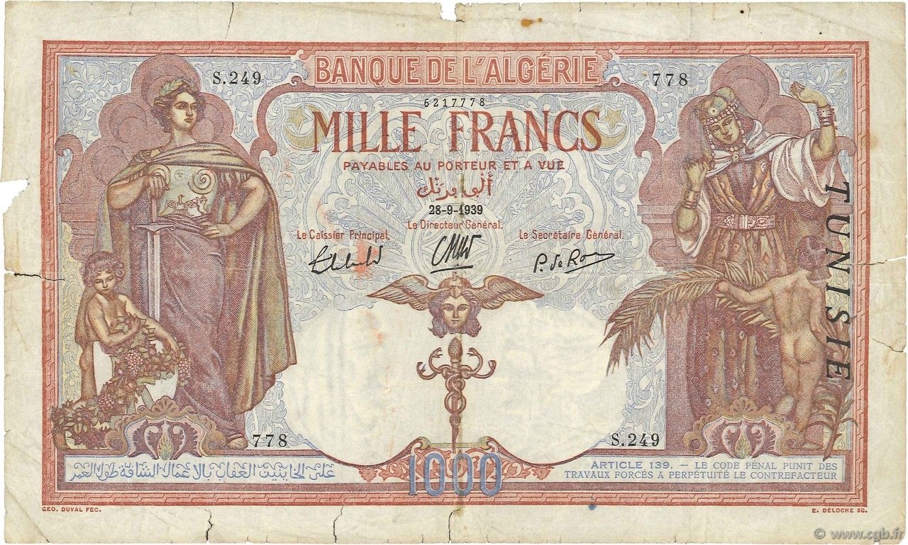 Obverse of 1000 Francs (1926–1939), Pick 11