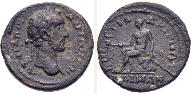 Poimanenon, Antoninus Pius, bronze coin — Nude male figure sitting on rock to the left (CN type 17614)