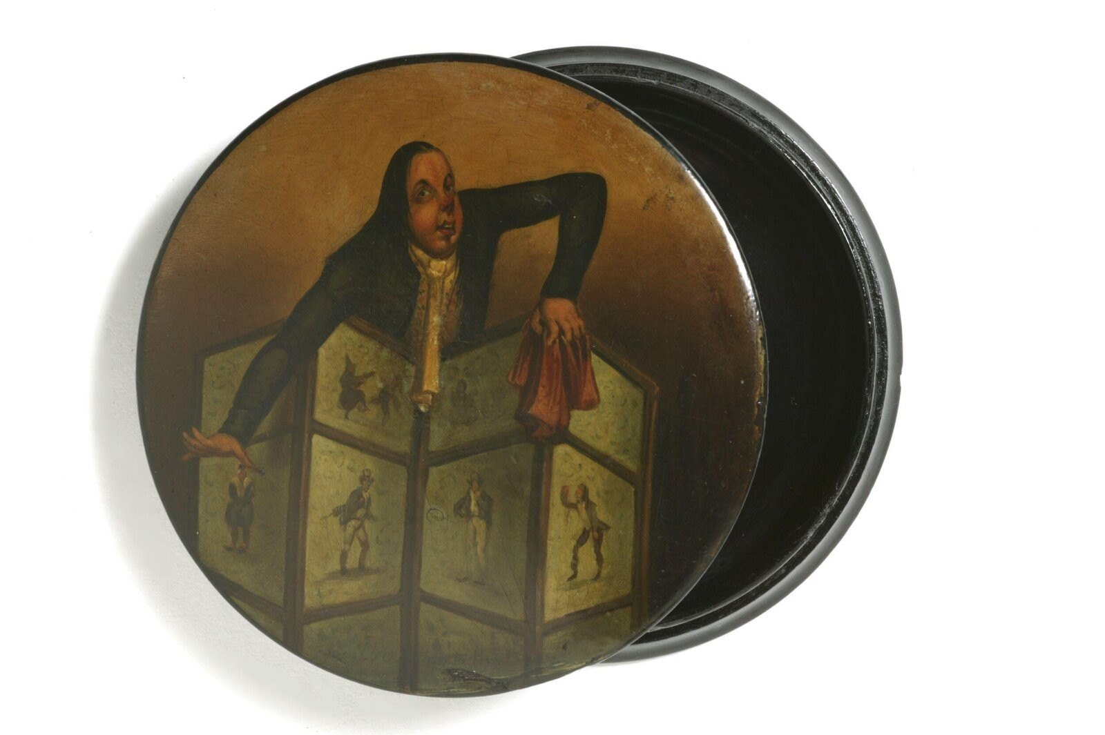 Snuff box, papier maché depicting John Liston, Birmingham, 1846 — museum object S.604:1&2-1997