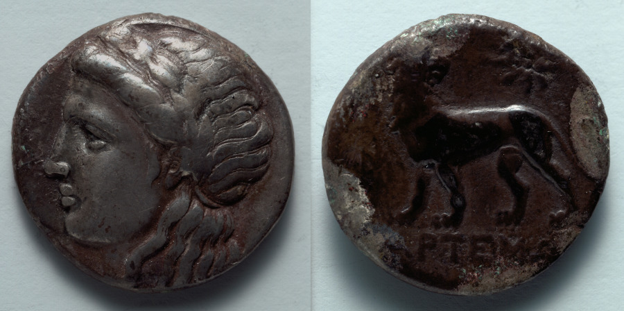 Tetradrachm: Head of Apollo (obverse); Lion (reverse), c. 334–323 BCE (Cleveland Museum of Art 1916.993)