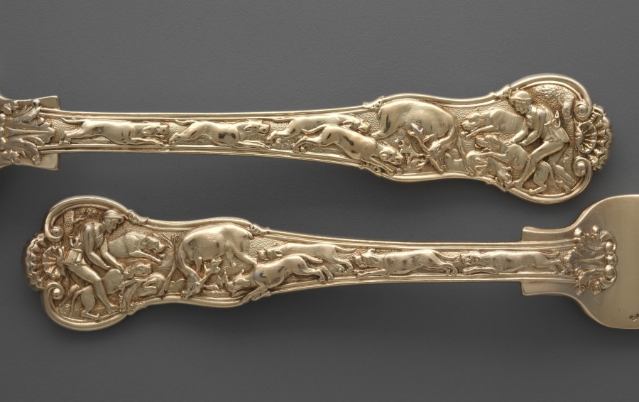 Additional museum view 4 of Dessert Fork and Spoon with Hunt Scenes (accession 2003.244).