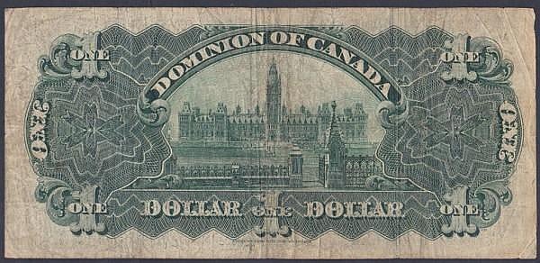 Auction photograph of an example of Pick 27 (World Banknotes: Canada, Dominion of Canada $1 dated 3rd January 1911 series 112075-W, Pick27b (DC-1)