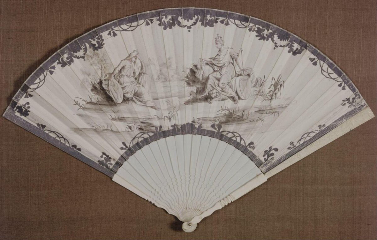 Fan of painted vellum with gouache and ivory sticks and guards, Great Britain, ca. 1751