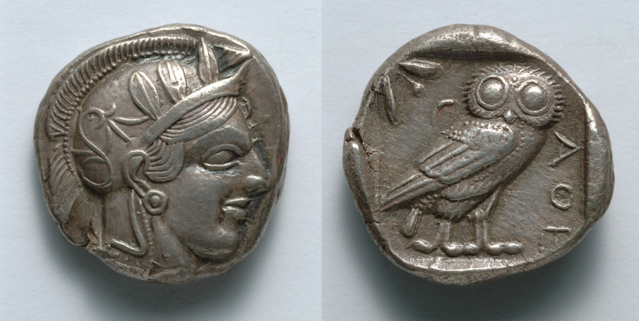 Tetradrachm: Head of Athena (obverse); Owl (reverse), 449–407 BCE (Cleveland Museum of Art 1916.992)