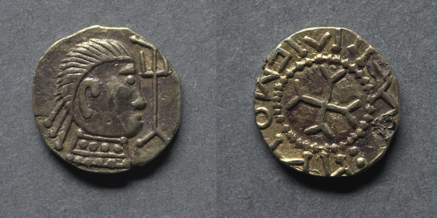 Witmen Tremissis: Bust and Trident (obverse); Cross Fourchée (reverse), early 600s (Cleveland Museum of Art 1969.159)