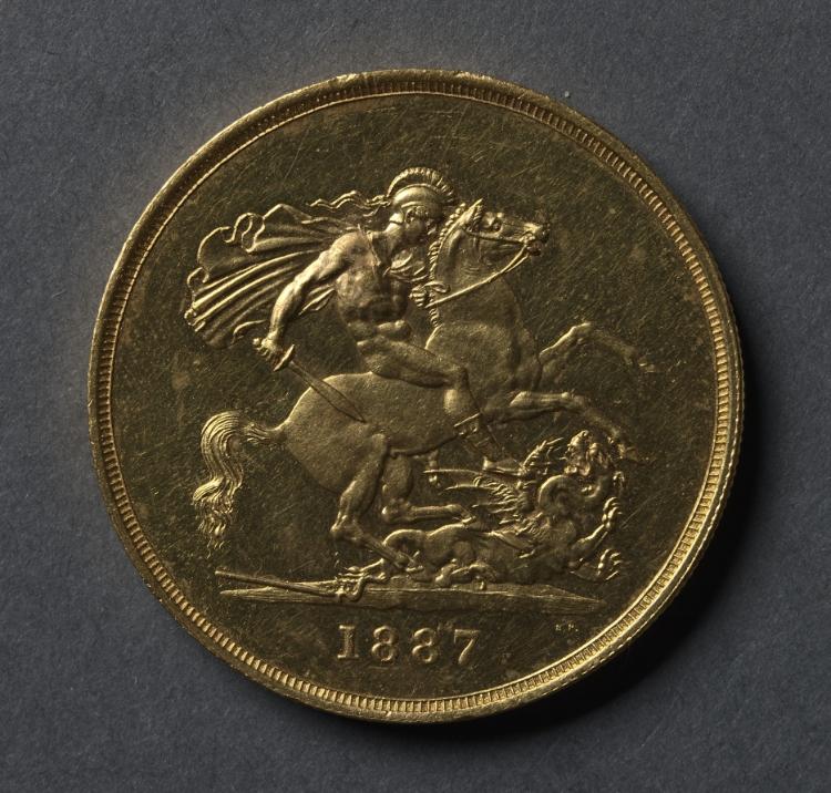 Five Pound Piece: St. George and the Dragon (reverse), 1887 (Cleveland Museum of Art 1969.219.b)